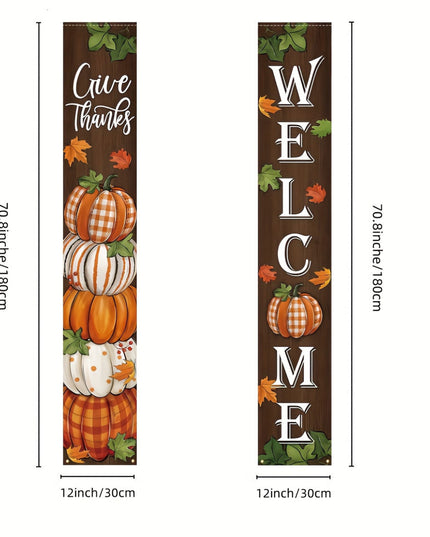 2pcs,  Thanksgiving Give Thanks porch banner logo 12 × 70.8 inch autumn pumpkin patch maple leaf front door decoration hanging welcome banner flag, autumn water buffalo grid farmhouse decoration home