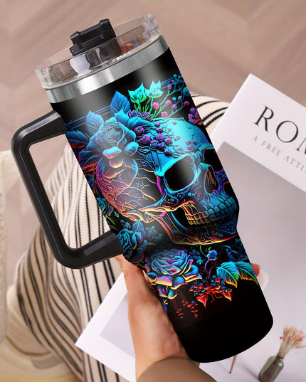40oz Insulated Stainless Steel Mug 1pc 40oz Vibrant Skull & Floral Design Insulated Stainless Steel Mug with Lid - Reusable, BPA-Free Tumbler, Hand Wash Only - Perfect for Halloween, Christmas, Thanksgiving - Ideal Gift for