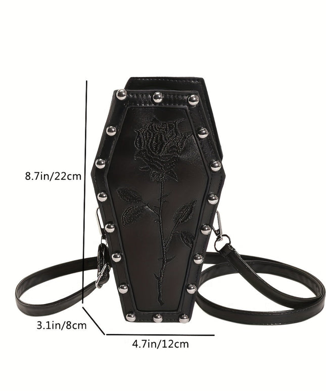 Mini Coffin Shaped Novelty Bag, Dark Crossbody Bag, Women's Goth Horror Handbag & Shoulder Purse For Halloween