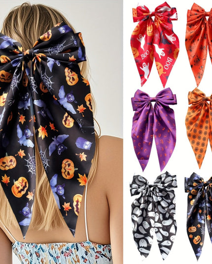 6pcs Halloween Women's Gothic Bow Hair Clips Set, Hip-Hop Style Pumpkin Bat Spider Owl Cartoon Print, Perfect for Costume Hairstyles and Cosplay Accessories
