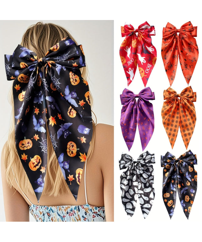 6pcs Halloween Women's Gothic Bow Hair Clips Set, Hip-Hop Style Pumpkin Bat Spider Owl Cartoon Print, Perfect for Costume Hairstyles and Cosplay Accessories