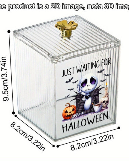 Jack Skellington Halloween-Themed Cosmetic Storage Box with Lid – Portable Clear Organizer for Makeup Pads, Dental Floss Sticks, and Bathroom Essentials – Fun Jack Skellington Design