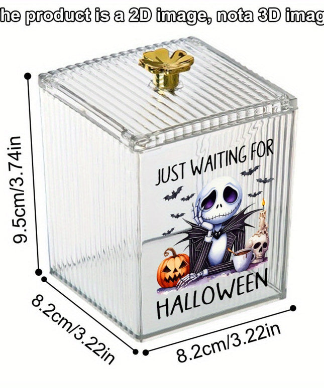Jack Skellington Halloween-Themed Cosmetic Storage Box with Lid – Portable Clear Organizer for Makeup Pads, Dental Floss Sticks, and Bathroom Essentials – Fun Jack Skellington Design