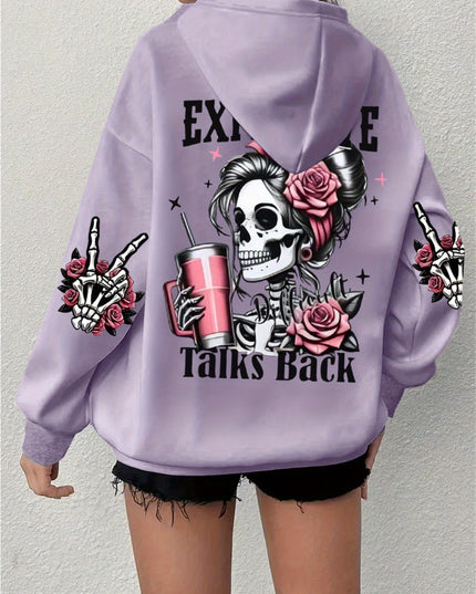 Plus Size Skull Print Drawstring Hoodie, Casual Long Sleeve Hoodie For Fall & Winter, Women's Plus Size Clothing