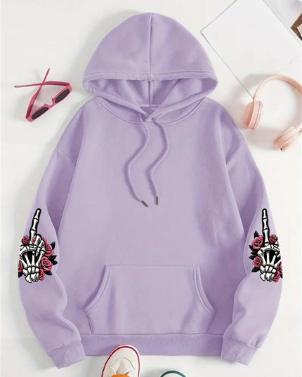 Plus Size Skull Print Drawstring Hoodie, Casual Long Sleeve Hoodie For Fall & Winter, Women's Plus Size Clothing