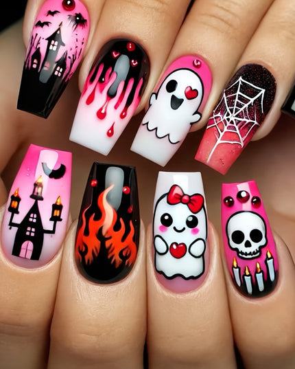 24pcs Halloween Medium-Length Ballet Pink Gradient White Flame Skull Castle Print Glossy Full-Cover Press-On Nails Set, Suitable for Women's Halloween Nail Art Decoration