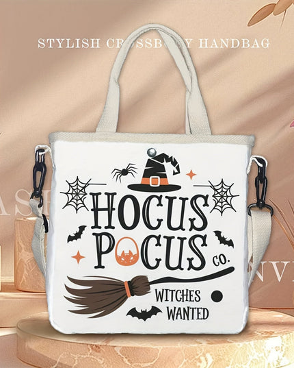 Halloween Tote Bag Halloween Witchcraft 1pc Women's Tote Bag | Adjustable & Removable Shoulder Strap, Large Capacity White Casual Handbag with Hocus Pocus Co. Witches Wanted Design for Shopping, Travel, Work - Perfect Gift