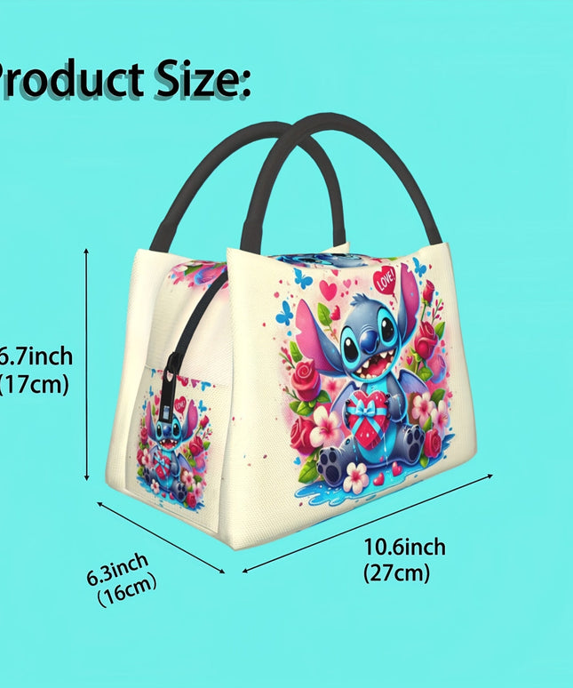 1pc Stitch Insulated Lunch Bag - Portable Reusable Refrigerated Tote with Vibrant Stitch & Floral Design, Hearts & Butterflies, Durable Fabric for Home, Office, Outdoor Use - Perfect Birthday & Holiday Gift for Teens, Friends