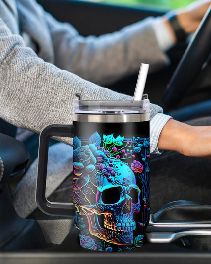 40oz Insulated Stainless Steel Mug 1pc 40oz Vibrant Skull & Floral Design Insulated Stainless Steel Mug with Lid - Reusable, BPA-Free Tumbler, Hand Wash Only - Perfect for Halloween, Christmas, Thanksgiving - Ideal Gift for