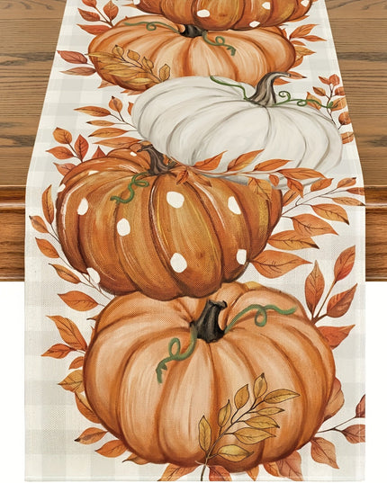 Charming Buffalo Plaid & Orange Pumpkins Table Runner - Perfect for Fall, Thanksgiving, and Autumn Dining Decor, Polyester, Rectangular, Seasonal Table Setting | Buffalo Plaid Design | Durable Table Runner, Fall Decorations f