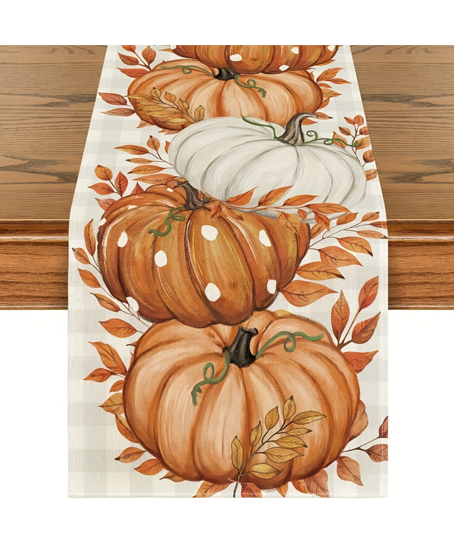 Charming Buffalo Plaid & Orange Pumpkins Table Runner - Perfect for Fall, Thanksgiving, and Autumn Dining Decor, Polyester, Rectangular, Seasonal Table Setting | Buffalo Plaid Design | Durable Table Runner, Fall Decorations f