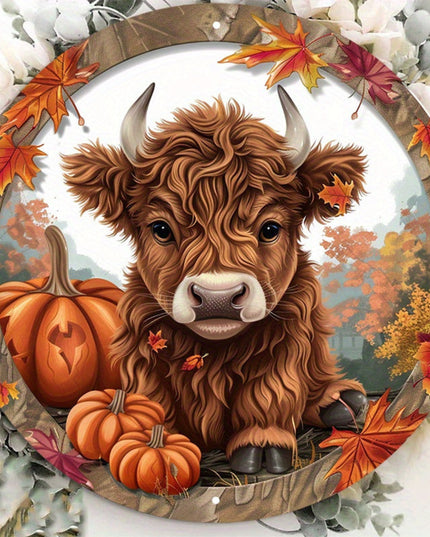 1pc 7.87x7.87 Inch Aluminum Alloy Highland Cattle Metal Sign - Farmhouse Fall Wall Decor with Pumpkins, Autumn Leaves & Rustic Wood Frame, Waterproof Round Door Hanging Art for Home, Porch, Garden (Pre-Drilled Holes), Porch D