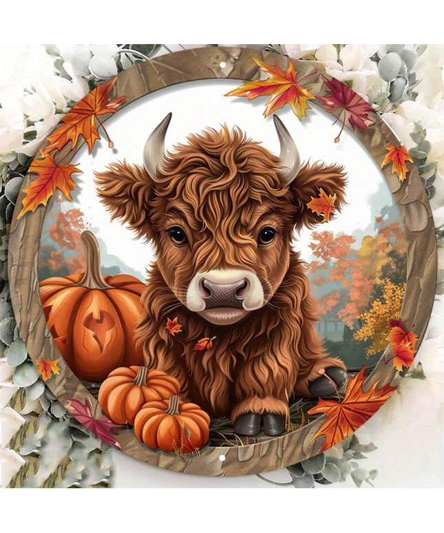 1pc 7.87x7.87 Inch Aluminum Alloy Highland Cattle Metal Sign - Farmhouse Fall Wall Decor with Pumpkins, Autumn Leaves & Rustic Wood Frame, Waterproof Round Door Hanging Art for Home, Porch, Garden (Pre-Drilled Holes), Porch D