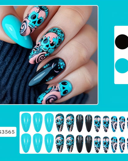24pcs Halloween Blue Skull Almond Nail Art Set with Press-On Nail Tapes + Jelly File Strips - Festive Teal, Pink & Black Swirl Designs for Spooky Manicures, Halloween Nails, Festive Nail Decor, Spooky Nail Art, Durable Nail T
