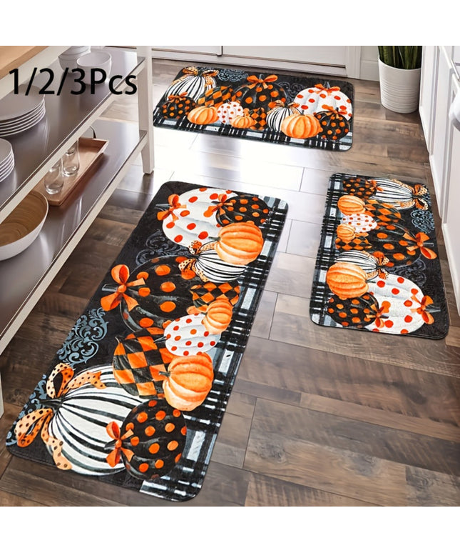 1/2/3pcs Thanksgiving Farmhouse Kitchen Mat Set, Fall Pumpkin Gift Design, Flannel Non-Slip Runner Rug For Kitchen Sink, Bedroom, Living Room, Entryway, Holiday Decor