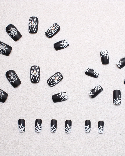 Halloween Fake Nails, 24pcs Spider Web Halloween Pattern Square Medium Acrylic Fake Nails, Comes with Wearing Tools