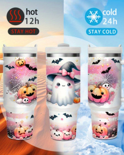 1pc 40 oz Stainless Steel Sports Water Bottle with Straw, Handle for Hot and Cold Drinks, Cute Ghost Scary Pumpkin Horror Season, 24 Hours Cold, 12 Hours Hot - Great Gift for Mom, Friends, Suitable for Home, Travel, Summer an