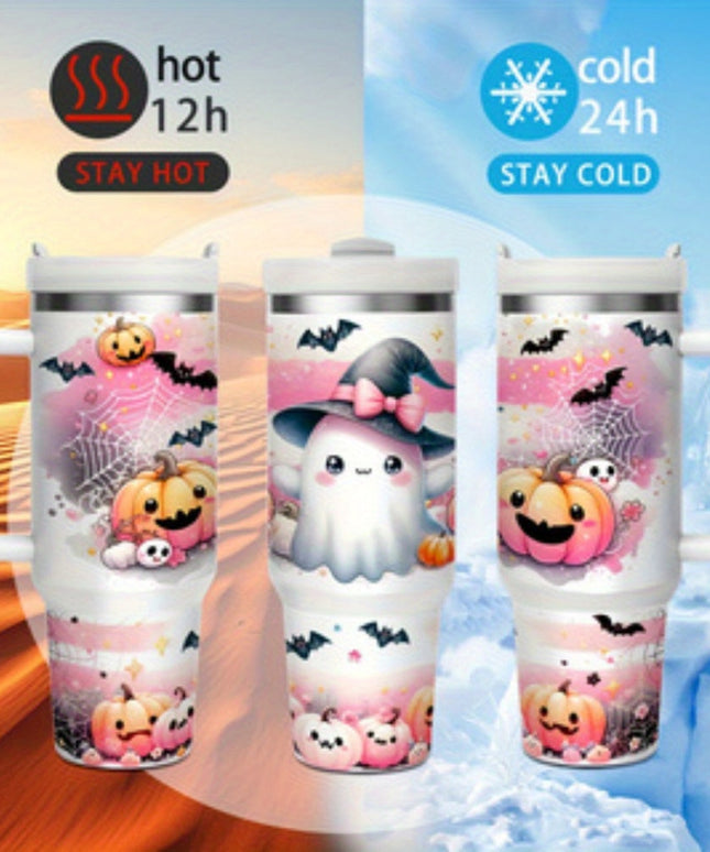 1pc 40 oz Stainless Steel Sports Water Bottle with Straw, Handle for Hot and Cold Drinks, Cute Ghost Scary Pumpkin Horror Season, 24 Hours Cold, 12 Hours Hot - Great Gift for Mom, Friends, Suitable for Home, Travel, Summer an