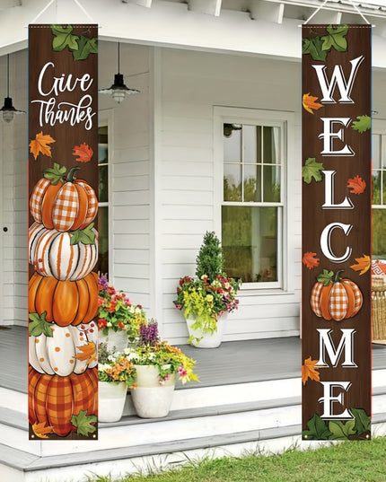 2pcs,  Thanksgiving Give Thanks porch banner logo 12 × 70.8 inch autumn pumpkin patch maple leaf front door decoration hanging welcome banner flag, autumn water buffalo grid farmhouse decoration home