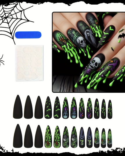 24pcs Halloween Press on Nails Long Stiletto Press on Nails Black Black Series Skull Bat Design Essential Fake Nails for Women And on Halloween Nail Art