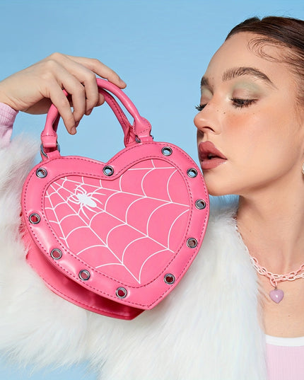 Gothic Crossbody Bag] Pink/Black Y2K Rock Punk Spider Web Print Heart-Shaped Crossbody Bag for Women | Adjustable Detachable Strap, Zipper Closure, Gothic Handbag, Halloween Accessory, Edgy Fashion, Stylish Detailing, Festiv