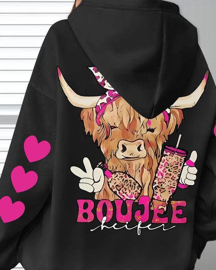 Women's Plus Size Valentine's Day Oversized Hoodie - Soft Pink Cow & Hearts Graphic Print with BOUJEE Lettering, Cozy Fleece Pullover Sweatshirt, Kangaroo Pocket, Machine Washable Casual Clothing, Valentine Sweatshirt, Everyd