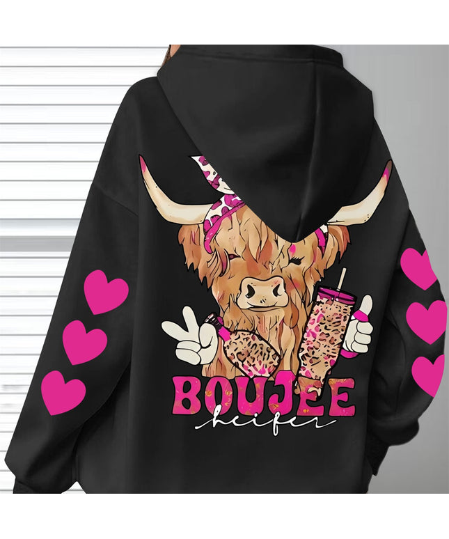Women's Plus Size Valentine's Day Oversized Hoodie - Soft Pink Cow & Hearts Graphic Print with BOUJEE Lettering, Cozy Fleece Pullover Sweatshirt, Kangaroo Pocket, Machine Washable Casual Clothing, Valentine Sweatshirt, Everyd