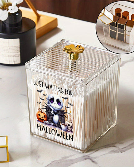 Jack Skellington Halloween-Themed Cosmetic Storage Box with Lid – Portable Clear Organizer for Makeup Pads, Dental Floss Sticks, and Bathroom Essentials – Fun Jack Skellington Design