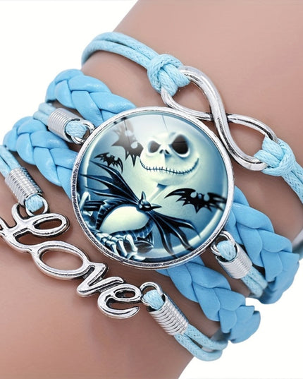 Disney Officially Licensed Nightmare Before Christmas Bracelet - Handmade Multi-Layer Adjustable Blue & White Beads with Pumpkin Jack Skellington & Heart Ornaments, Women's Fashion Jewelry Gift for Disney Fans, Casual Attire