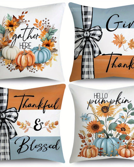 4pcs Give Thanks Thankful & Blessed Throw Pillow Covers Plaid Pumpkin Wreath Leaves Fall Farmhouse Thanksgiving Day Decorative Cushion Case for Bedroom Sofa Couch