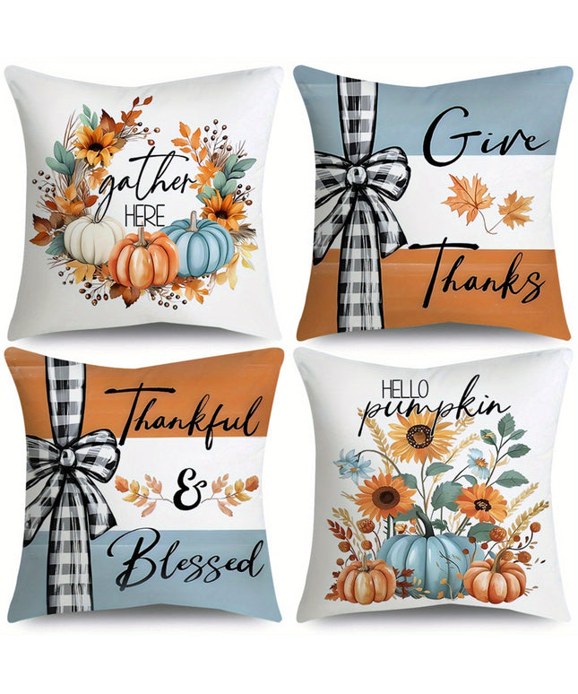 4pcs Give Thanks Thankful & Blessed Throw Pillow Covers Plaid Pumpkin Wreath Leaves Fall Farmhouse Thanksgiving Day Decorative Cushion Case for Bedroom Sofa Couch