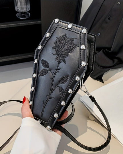 Mini Coffin Shaped Novelty Bag, Dark Crossbody Bag, Women's Goth Horror Handbag & Shoulder Purse For Halloween
