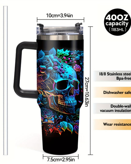 40oz Insulated Stainless Steel Mug 1pc 40oz Vibrant Skull & Floral Design Insulated Stainless Steel Mug with Lid - Reusable, BPA-Free Tumbler, Hand Wash Only - Perfect for Halloween, Christmas, Thanksgiving - Ideal Gift for