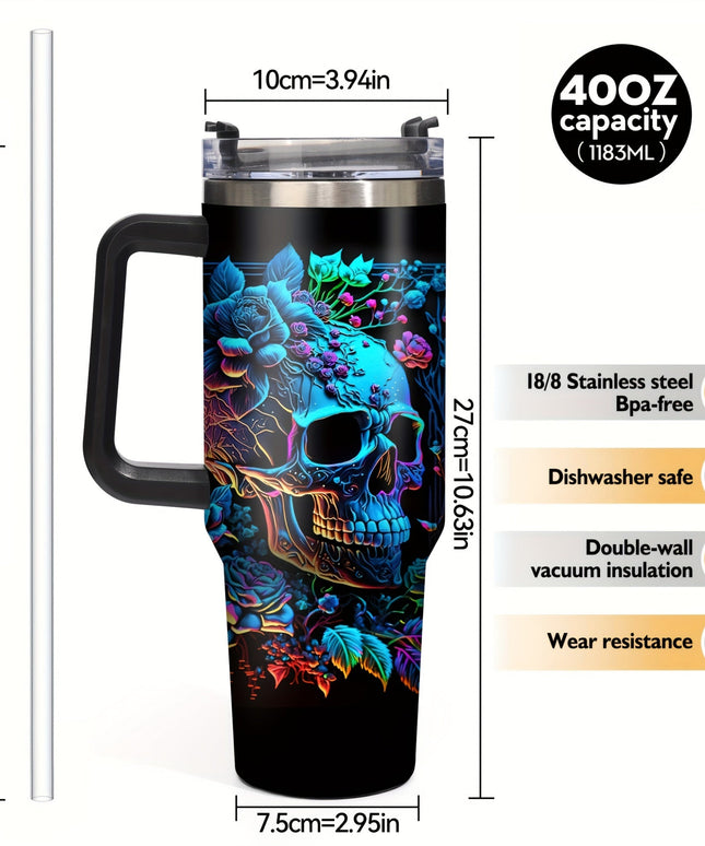 40oz Insulated Stainless Steel Mug 1pc 40oz Vibrant Skull & Floral Design Insulated Stainless Steel Mug with Lid - Reusable, BPA-Free Tumbler, Hand Wash Only - Perfect for Halloween, Christmas, Thanksgiving - Ideal Gift for