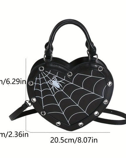 Gothic Crossbody Bag] Pink/Black Y2K Rock Punk Spider Web Print Heart-Shaped Crossbody Bag for Women | Adjustable Detachable Strap, Zipper Closure, Gothic Handbag, Halloween Accessory, Edgy Fashion, Stylish Detailing, Festiv