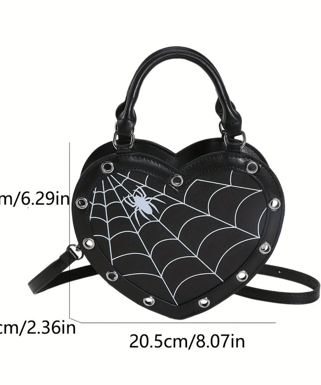Gothic Crossbody Bag] Pink/Black Y2K Rock Punk Spider Web Print Heart-Shaped Crossbody Bag for Women | Adjustable Detachable Strap, Zipper Closure, Gothic Handbag, Halloween Accessory, Edgy Fashion, Stylish Detailing, Festiv