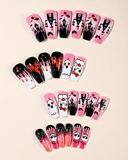 24pcs Halloween Medium-Length Ballet Pink Gradient White Flame Skull Castle Print Glossy Full-Cover Press-On Nails Set, Suitable for Women's Halloween Nail Art Decoration