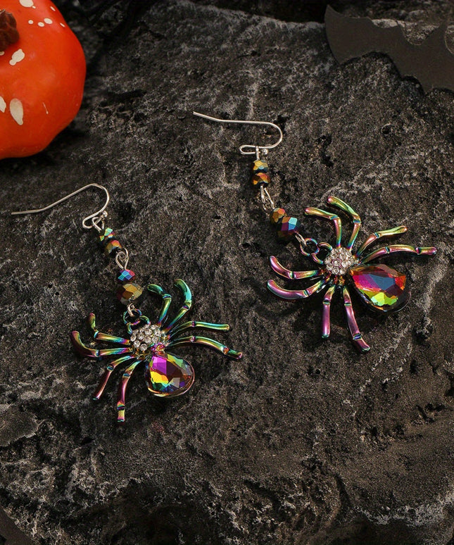 1 Pair of Spooky Chic Halloween Spider Dangle Earrings for Women - Colorful Rhinestone Accents, Zinc Alloy, Ideal for Daily Wear & Holiday Celebrations