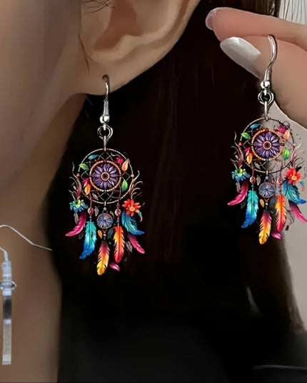 Vibrant Feather Earrings Vibrant 2D Bohemian Feather Acrylic Pendant Earrings for Women, 2D Flat, Lightweight Durable - Perfect Gift for Halloween Christmas Valentine's Mother's Day Birthdays & Daily Wear