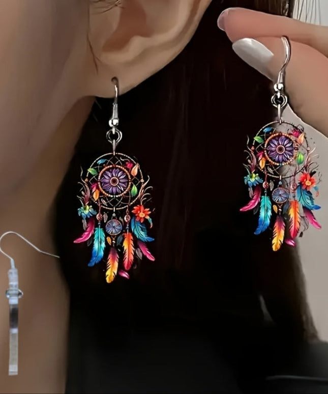 Vibrant Feather Earrings Vibrant 2D Bohemian Feather Acrylic Pendant Earrings for Women, 2D Flat, Lightweight Durable - Perfect Gift for Halloween Christmas Valentine's Mother's Day Birthdays & Daily Wear