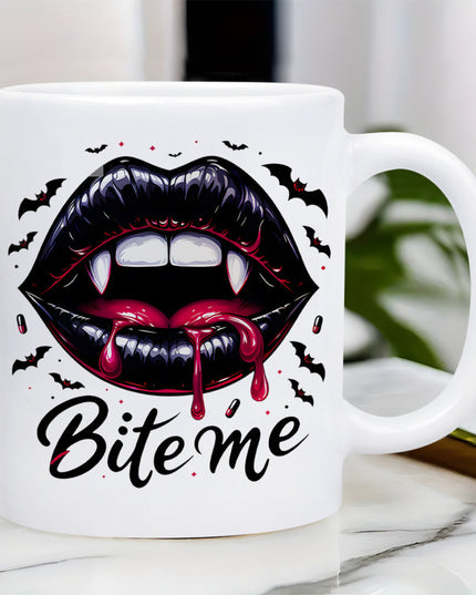 1pc Bite Me Halloween Mug - 3A Grade, 11oz Ceramic Coffee Cup with Black Lips & Blood Splatter Design, Funny Bat Decor for Room, Reusable Novelty Gift for Christmas & All Seasons, Halloween Decorations