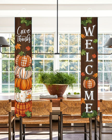 2pcs,  Thanksgiving Give Thanks porch banner logo 12 × 70.8 inch autumn pumpkin patch maple leaf front door decoration hanging welcome banner flag, autumn water buffalo grid farmhouse decoration home