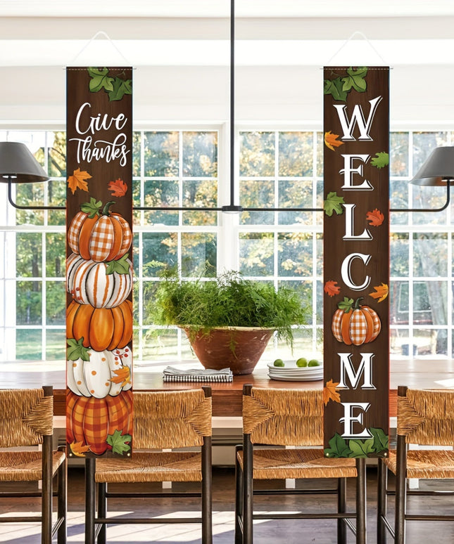 2pcs,  Thanksgiving Give Thanks porch banner logo 12 × 70.8 inch autumn pumpkin patch maple leaf front door decoration hanging welcome banner flag, autumn water buffalo grid farmhouse decoration home