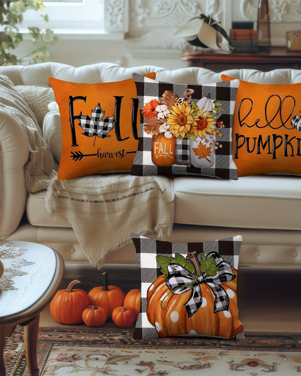 Hello Pumpkin White Polka Dot Sunflower Glass Jar Bow Autumn Pillowcase 4pcs Suitable for Living Room Chair Sofa Thanksgiving Decoration