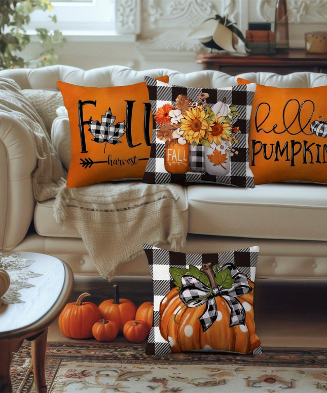 Hello Pumpkin White Polka Dot Sunflower Glass Jar Bow Autumn Pillowcase 4pcs Suitable for Living Room Chair Sofa Thanksgiving Decoration