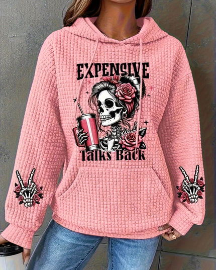 Plus Size Casual Hooded Sweatshirt with Pockets - 95% Polyester 5% Elastane, Slight Stretch Knit Fabric, Alphabet & Skull Rose Print, Long Sleeve Pullover for Spring/Fall