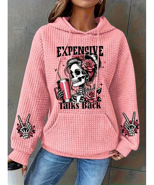 Plus Size Casual Hooded Sweatshirt with Pockets - 95% Polyester 5% Elastane, Slight Stretch Knit Fabric, Alphabet & Skull Rose Print, Long Sleeve Pullover for Spring/Fall