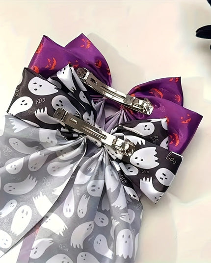6pcs Halloween Women's Gothic Bow Hair Clips Set, Hip-Hop Style Pumpkin Bat Spider Owl Cartoon Print, Perfect for Costume Hairstyles and Cosplay Accessories