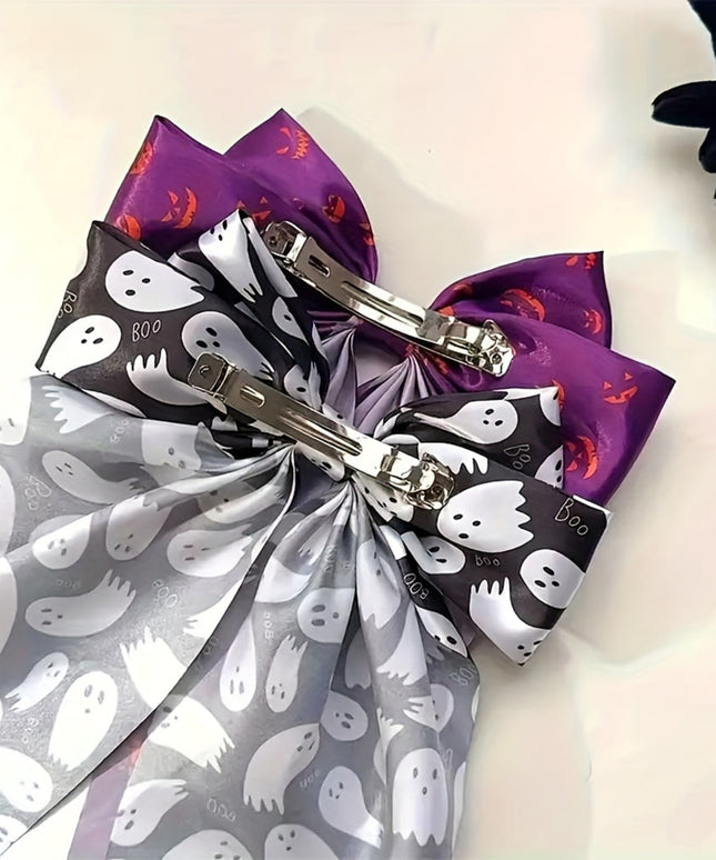 6pcs Halloween Women's Gothic Bow Hair Clips Set, Hip-Hop Style Pumpkin Bat Spider Owl Cartoon Print, Perfect for Costume Hairstyles and Cosplay Accessories