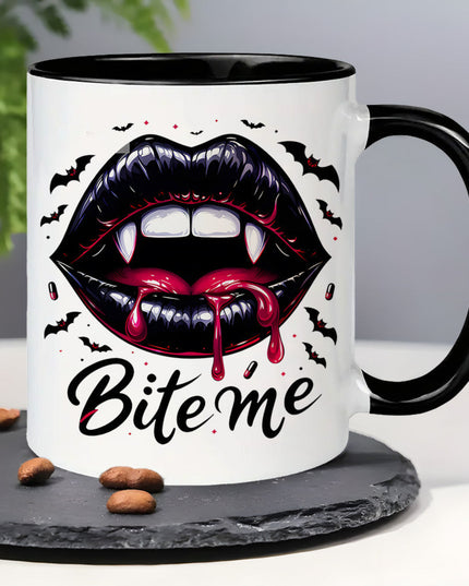 1pc Bite Me Halloween Mug - 3A Grade, 11oz Ceramic Coffee Cup with Black Lips & Blood Splatter Design, Funny Bat Decor for Room, Reusable Novelty Gift for Christmas & All Seasons, Halloween Decorations